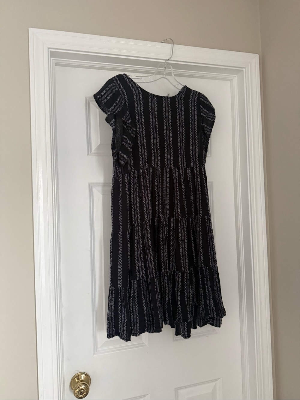 Elan Black Striped Tiered Flutter Sleeve Dress